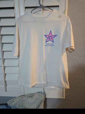 White Graphic Tee with Pink & Blue Star Logo